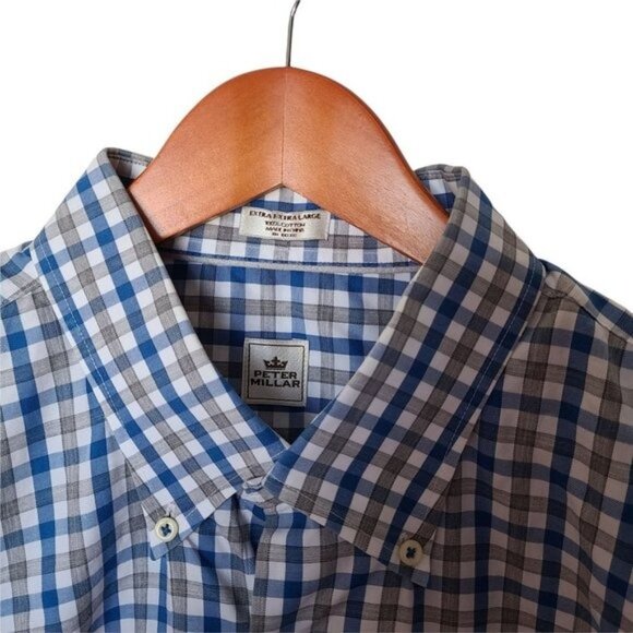 Peter Millar Dress Button Down Shirt White Blue Gray Check XXL‎ 100% Cotton - Picture 6 of 9